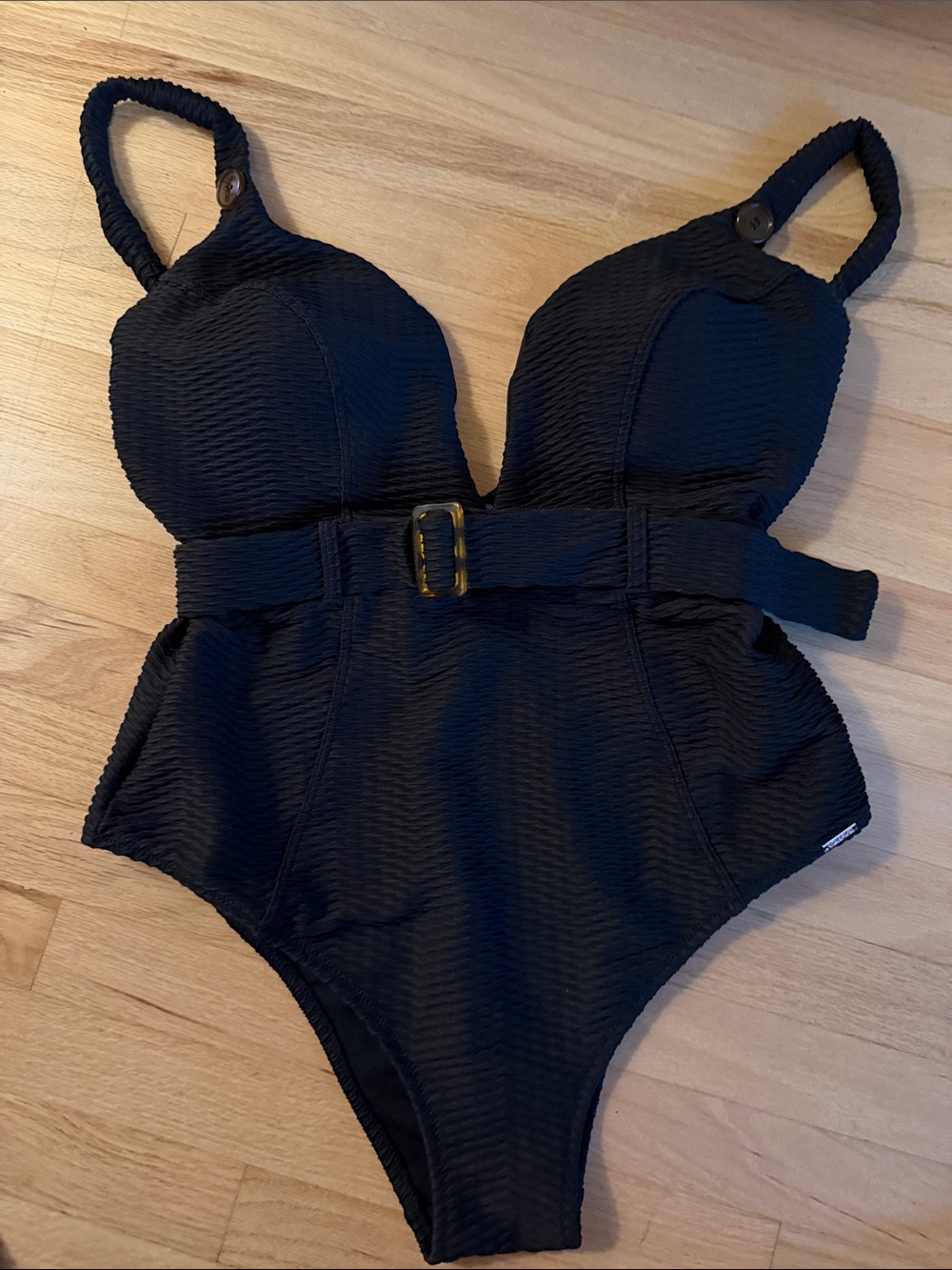 Black Textured One-Piece Swimsuit with Belt